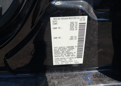 2019 Nissan Altima 2.5 Sv z USA, uszkodzony, nr VIN 1N4BL4DV0KC216919